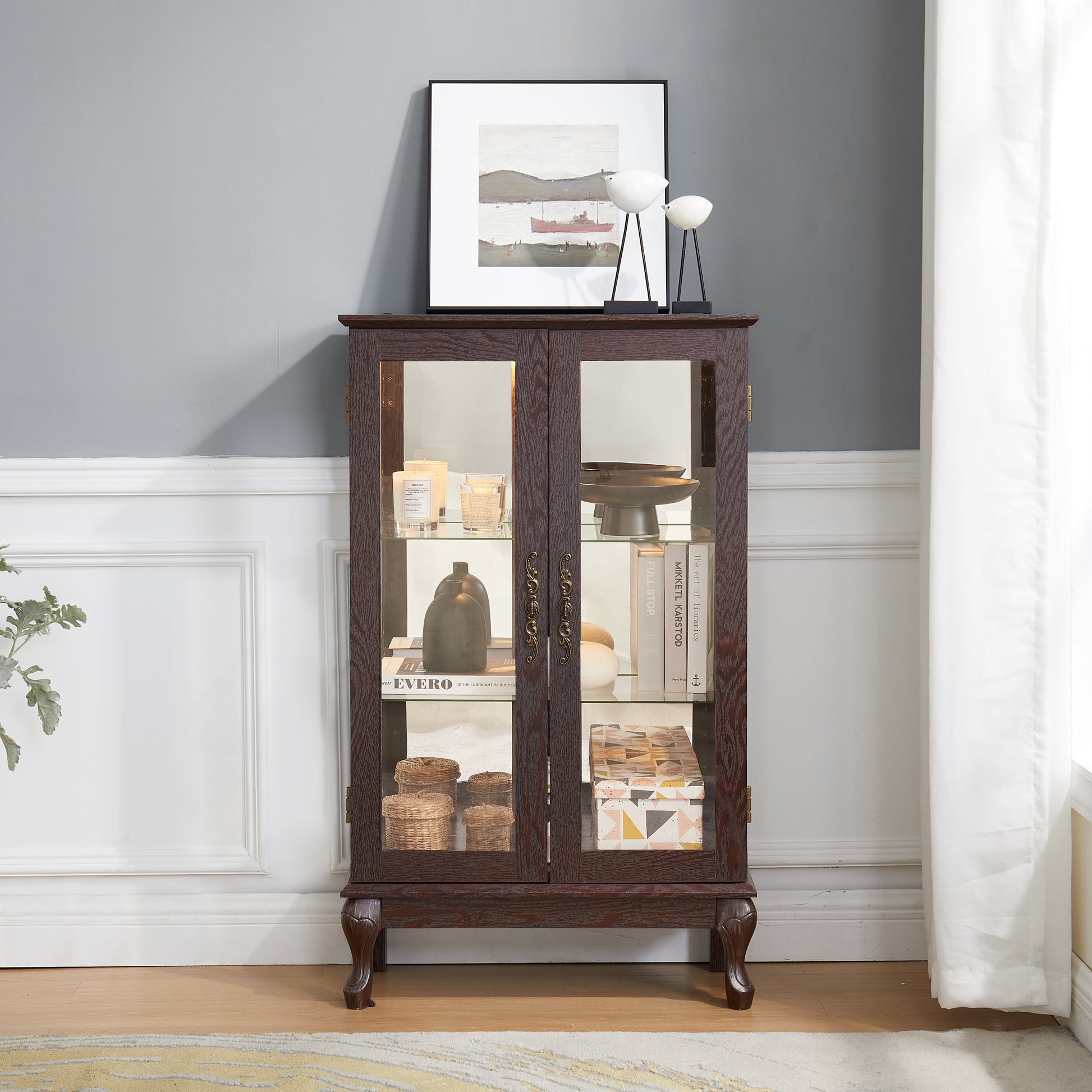 Dual door Curio cabinet with tempered glass mirror back panel and adjustable shelf display cabinet with light bulbs cherry color eprolo