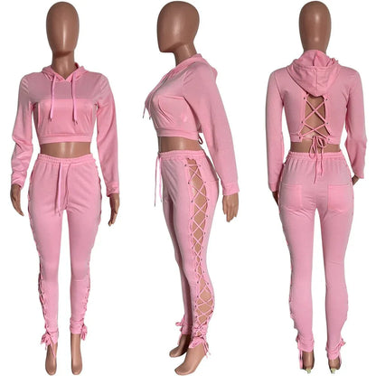 Autumn Women Tracksuit Two Piece Set Backless Hollow Out Bandage Solid Color Party Night Clubwear Sportsuit Clothes For Women - Shello's Creative Boutique