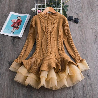 Winter Knitted Chiffon Girl Dress – Party Long Sleeve Children’s Clothes - Shello's Creative Boutique
