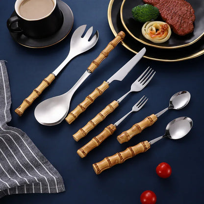 Natural Bamboo Handle Stainless Steel Tableware, Dessert Salad Spoon Fork, Bamboo Joint Handle, Western Food Steak Knife - Shello's Creative Boutique