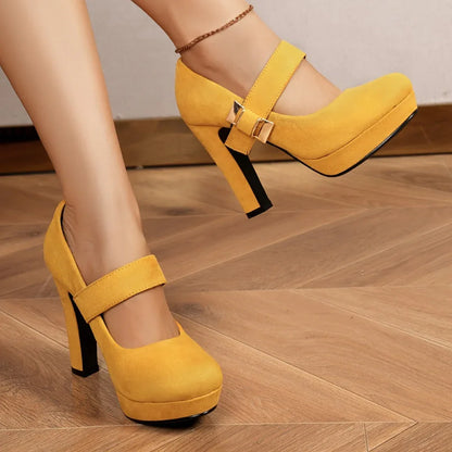 Women’s Retro Mary Jane Platform Pumps – Block Heel, Round Toe Elegance for Spring - Shello's Creative Boutique