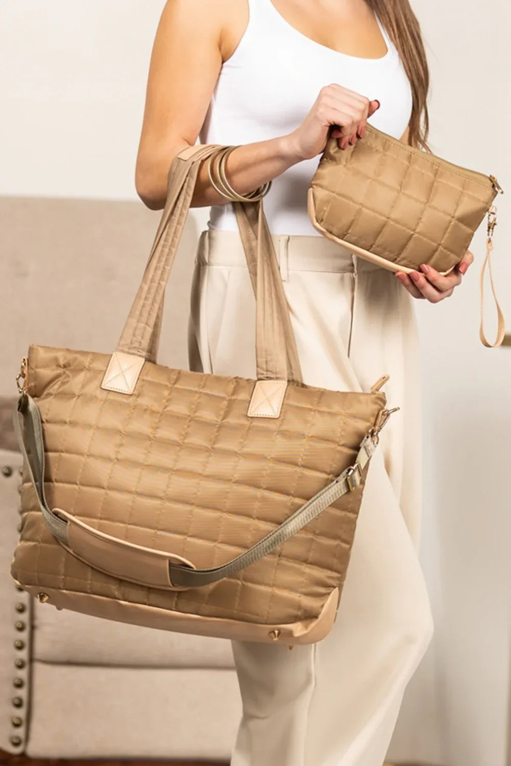 Camel Quilted Patchwork Large Tote Bag and Clutch 2pcs Set - Shello's Creative Boutique