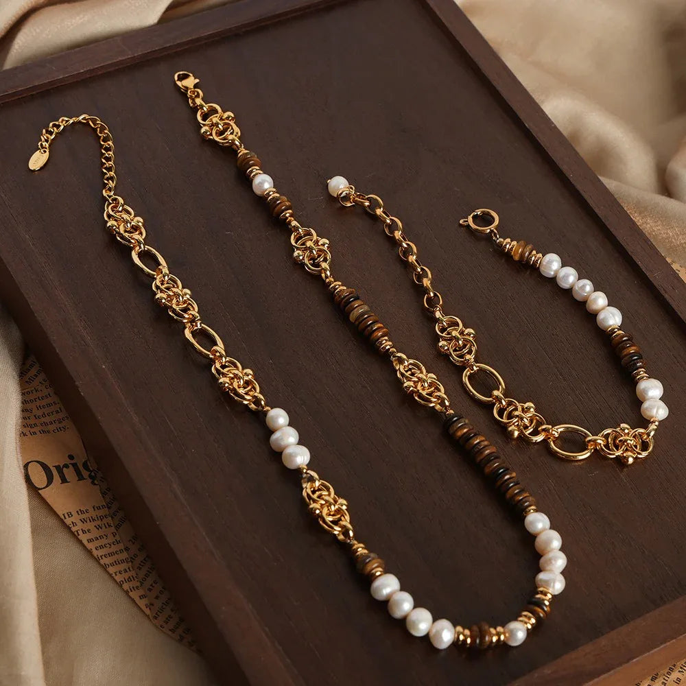 18k gold light luxury retro tiger eye stone with pearl beading design palace style necklace and bracelet set - Shello's Creative Boutique