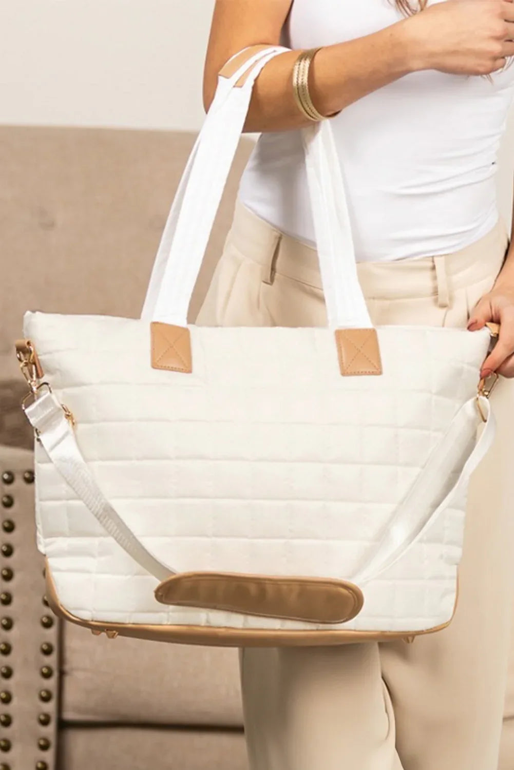 Camel Quilted Patchwork Large Tote Bag and Clutch 2pcs Set - Shello's Creative Boutique