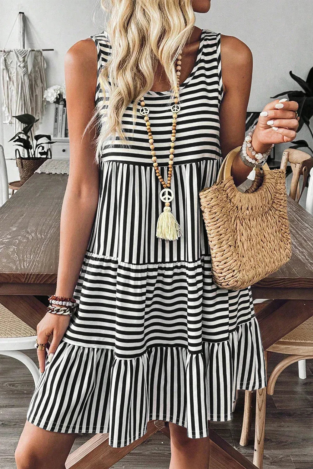 Rose Stripe U Neck Sleeveless Loose Fit Mini Dress - Shello's Creative Boutique
