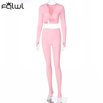FQLWL Casual Summer Two Piece Set - Pink Long Sleeve Crop Top and Leggings - Shello's Creative Boutique