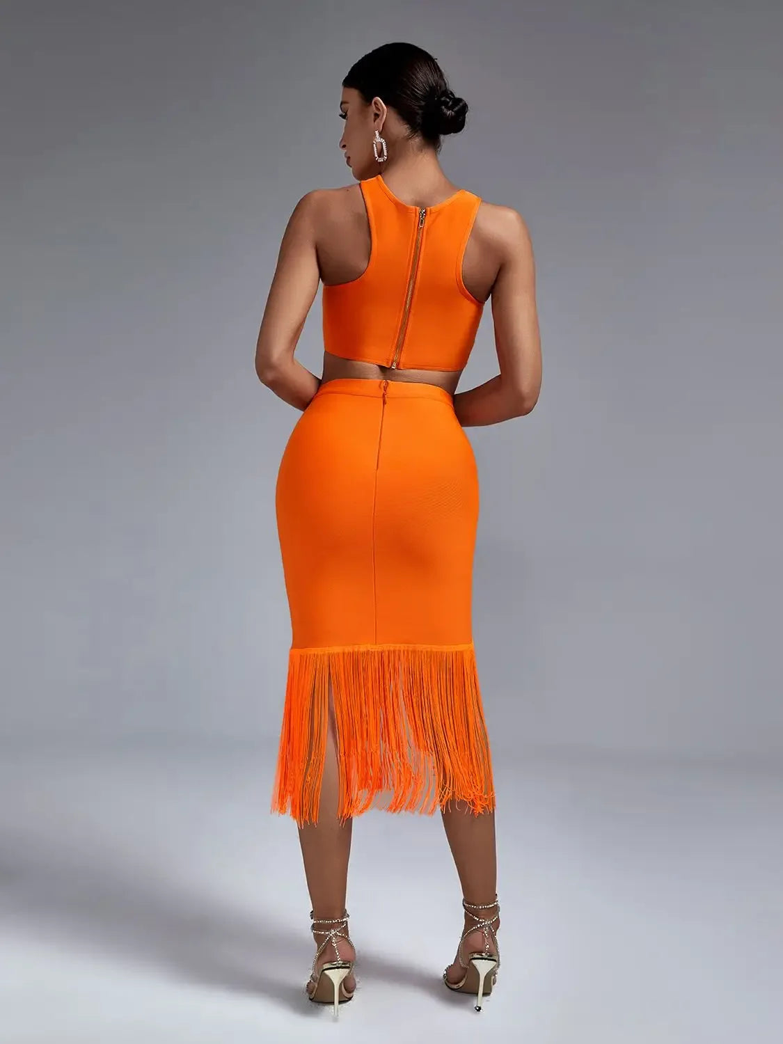 Bandage Two Piece Set Top and Skirt Women Elegant Sexy Fringed Orange 2 Piece Set Birthday Evening Party Club Outfits Summer - Shello's Creative Boutique