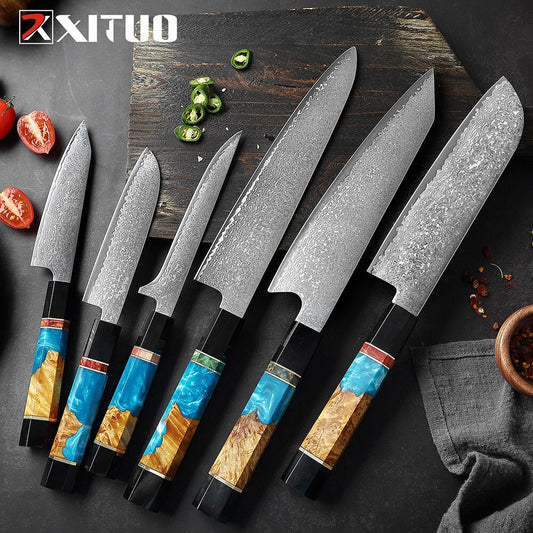 XITUO Damascus Stainless Steel Kitchen Knives Set High Quality Chef Knife Cleaver Paring Knife Stable wood&resin&horn Handle eprolo