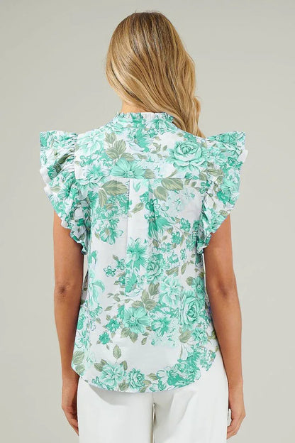 Green Floral Print Ruffle Sleeve Frill Shirt - Shello's Creative Boutique