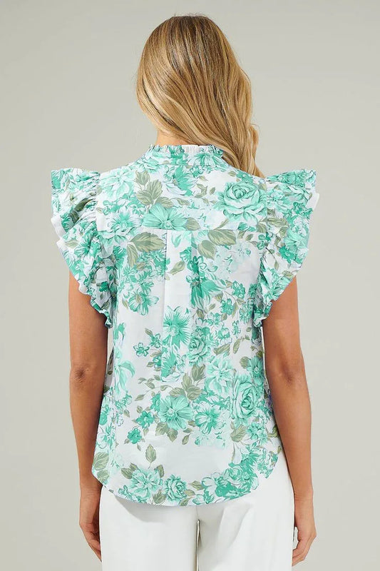 Green Floral Print Ruffle Sleeve Frill Shirt - Shello's Creative Boutique