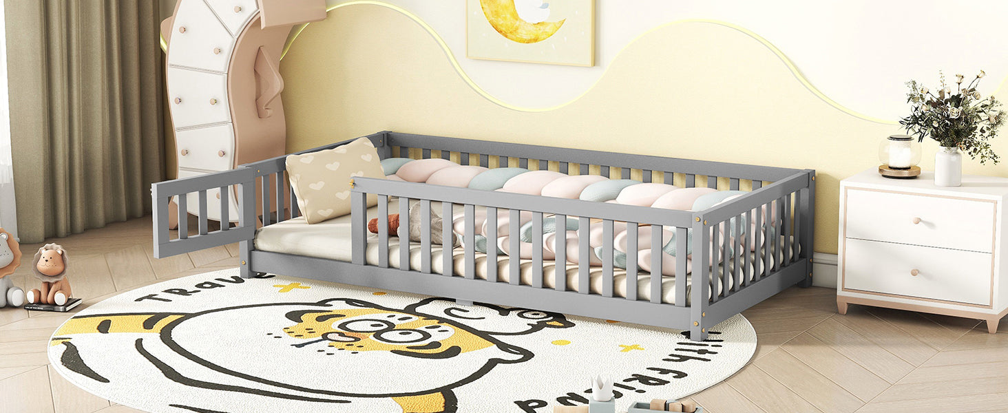 Twin Size Bed Floor Bed with Safety Guardrails and Door for Kids, Gray eprolo