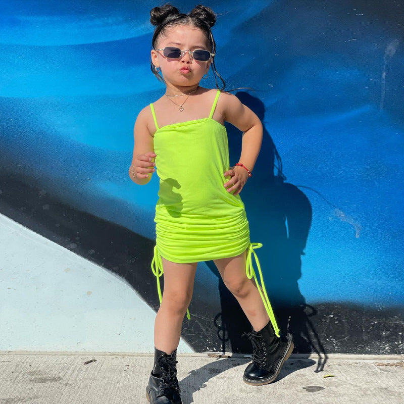 Children's Wear New Ins Wear Girls Sling Drawstring Dress European And American Girls eprolo