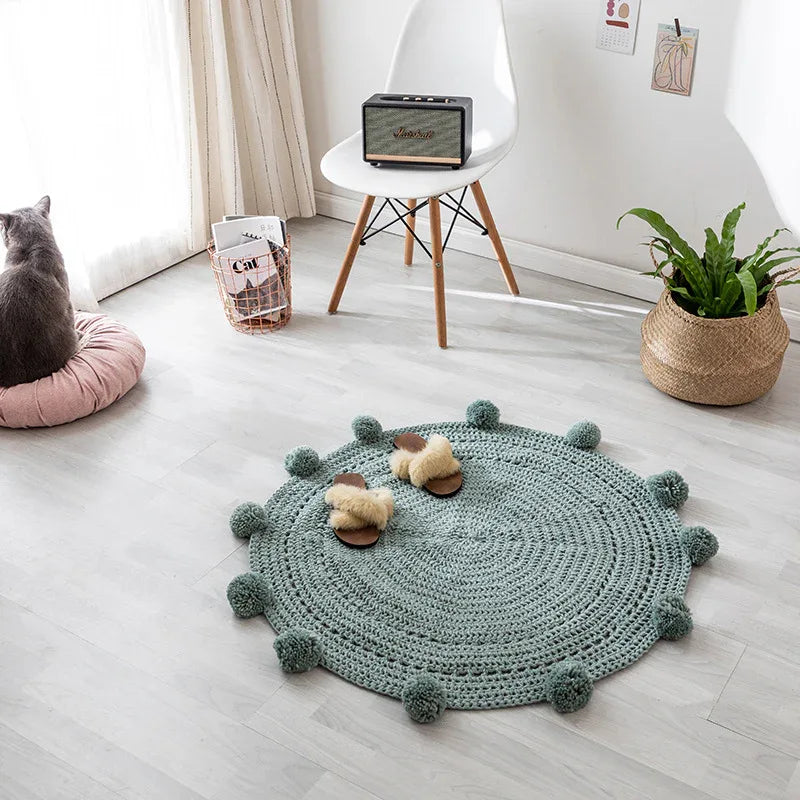 Handmade Woolen Ball Carpet – Round Floor Mat for Bedroom & Living Room - Shello's Creative Boutique