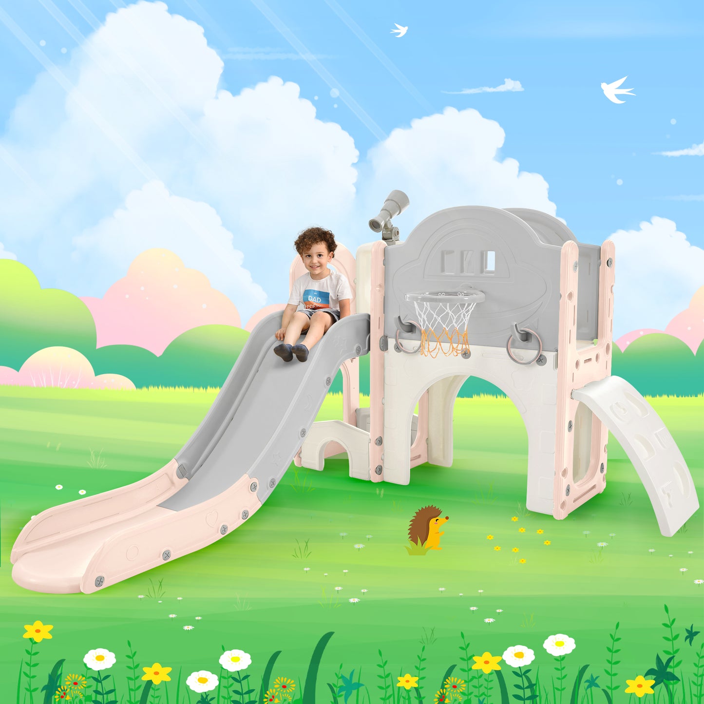Kids Slide Playset Structure 7 in 1, Freestanding Spaceship Set with Slide, Arch Tunnel Pink+Grey + HDPE eprolo