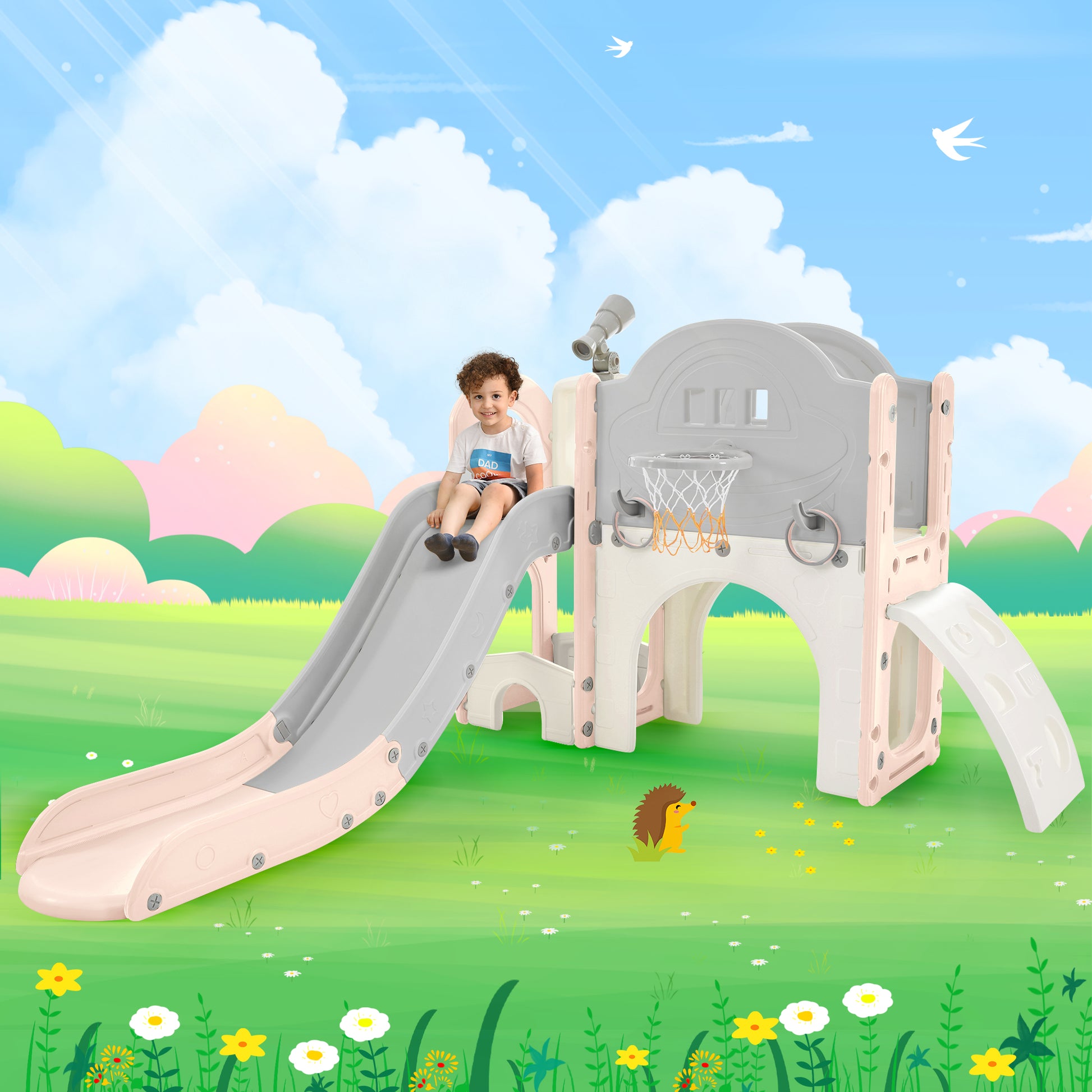 Kids Slide Playset Structure 7 in 1, Freestanding Spaceship Set with Slide, Arch Tunnel Pink+Grey + HDPE eprolo