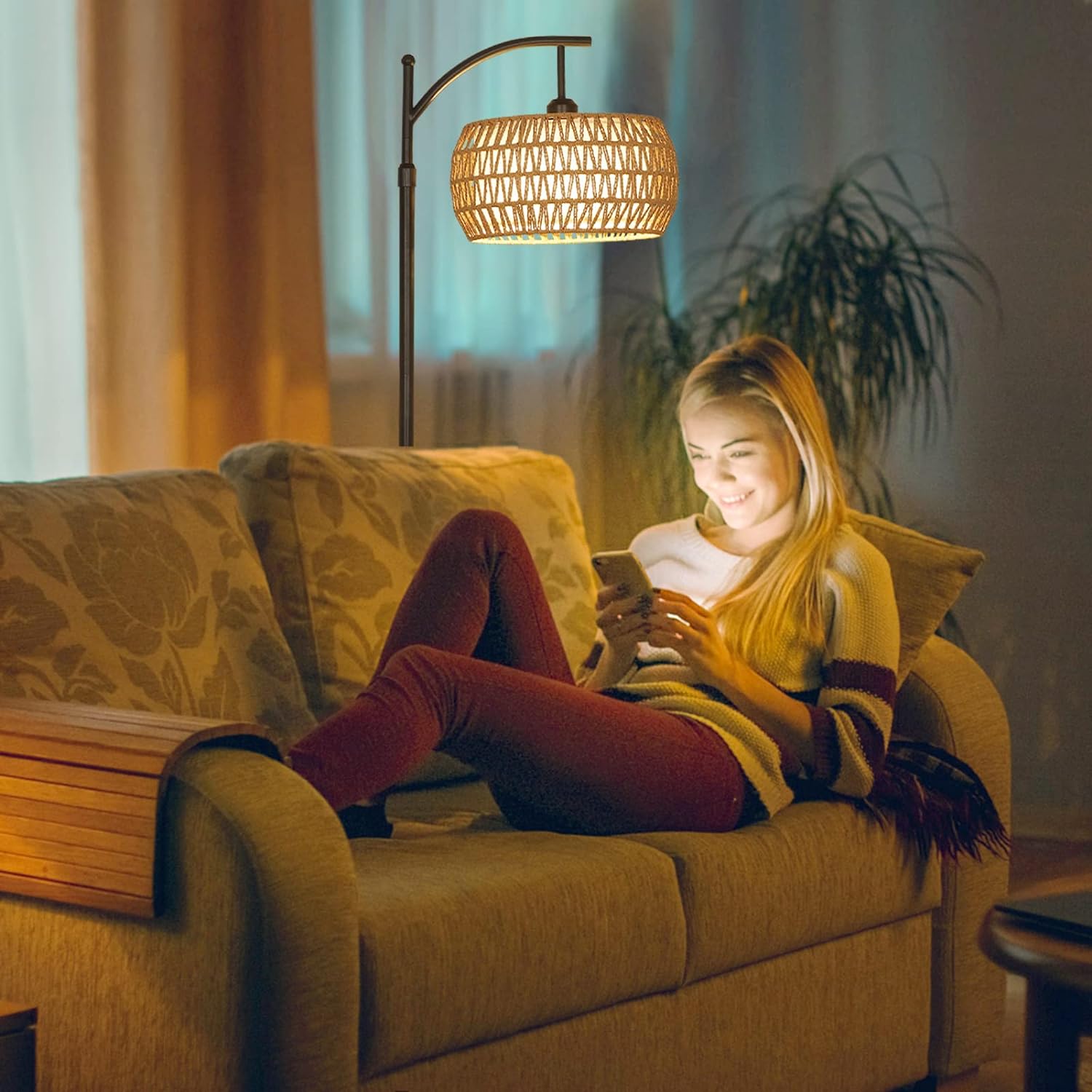 Arc Floor Lamp with Remote Control, Dimmable LED Floor Lamp with 3 Color Temperature Boho Farmhouse Tall Pole Lamp eprolo