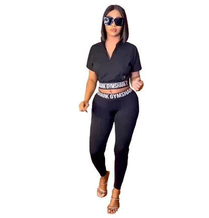 European and American women fashion casual printing black two piece set - Shello's Creative Boutique