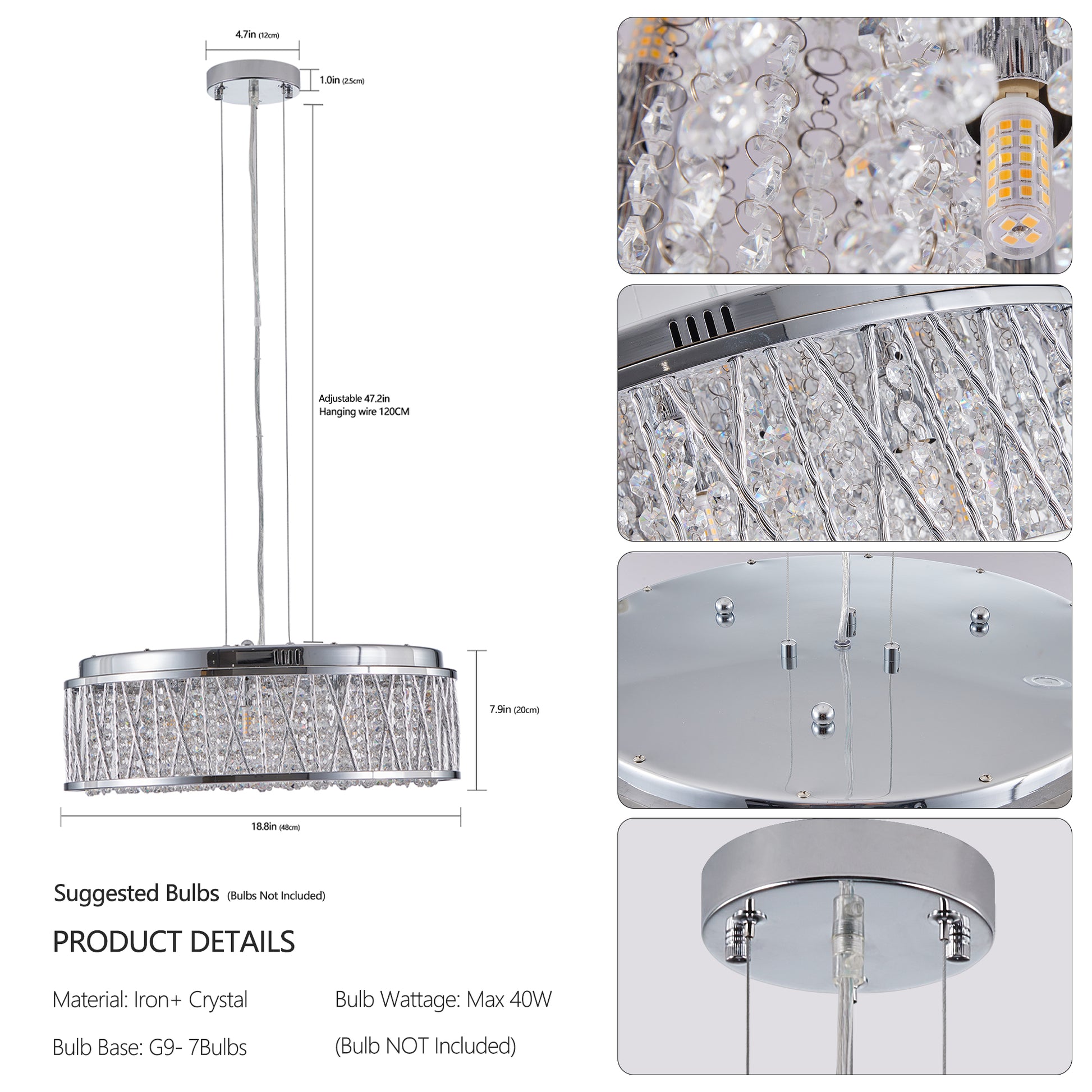 Modern Crystal Pendant 18.9-inch Aluminum+Iron Circular Ceiling Light Embedded Ceiling Fixture eprolo