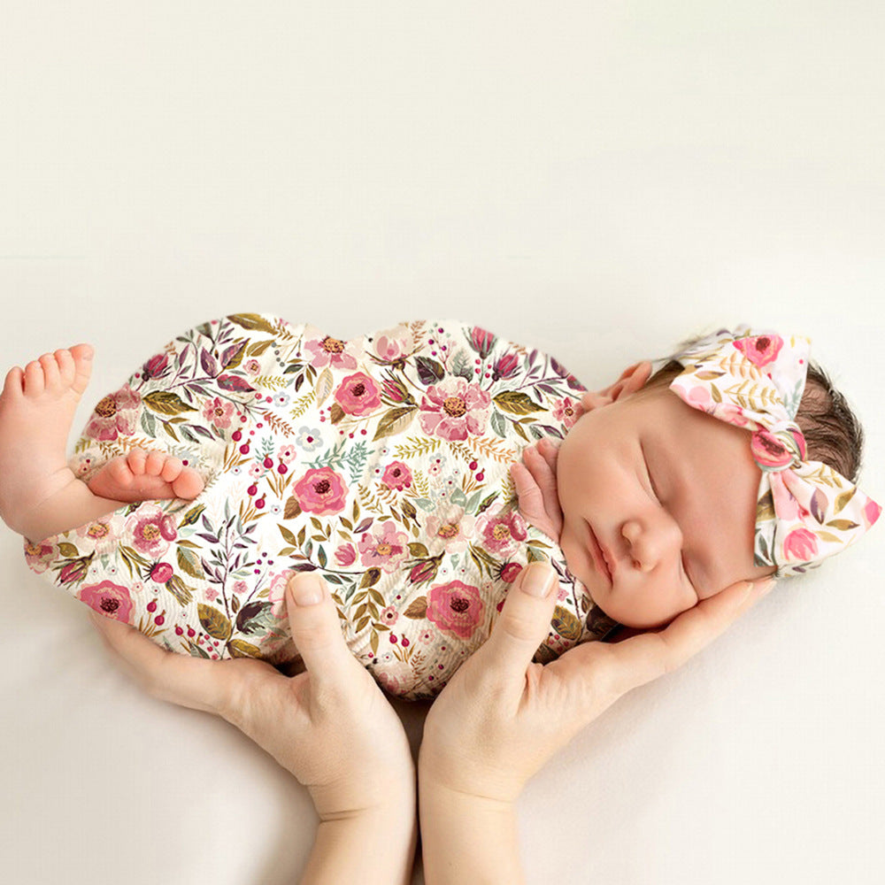 Newborn Photography Wrap Bow Hair Band Wrap Towel Set Baby Flower Blanket 2 Piece Set eprolo