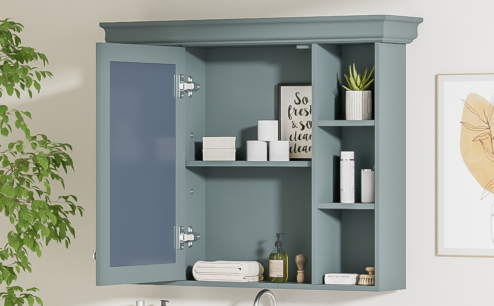 35 ''x 28' 'blue wall mounted bathroom storage cabinet with mirror door and medication cabinet with 6 open shelves eprolo
