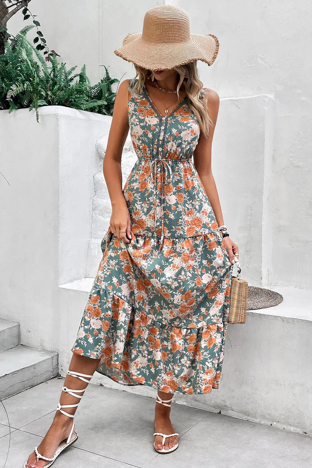 Sky Blue Floral Print Trimmed V Neck Sleeveless Vacation Dress - Shello's Creative Boutique