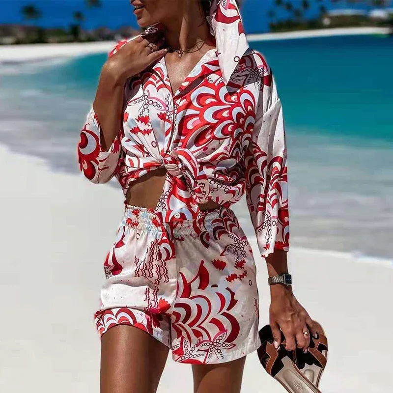 Red Print 3-Piece Set - Long Sleeve Blouse & Mini Shorts Y2K - Shello's Creative Boutique