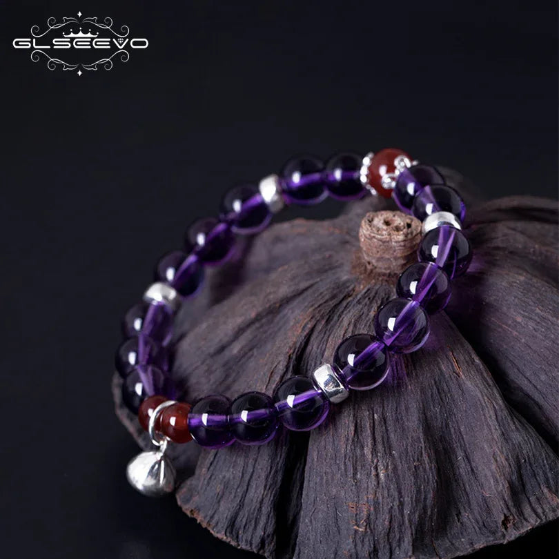 GLSEEVO 925 Sterling Silver Women Bracelet Natural Stone Amethyst Agate Gift Adjustable Bracelets Luxury Fine Jewellery GB0070 - Shello's Creative Boutique