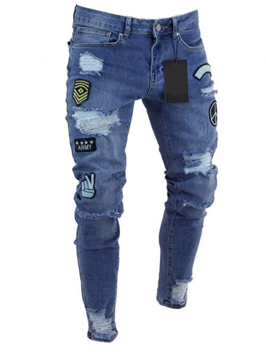 Men's Ripped jeans Badge Letters Hip-hop Skinny Jogging Denim  Fashion Pencil Long Trousers Distressed Jeans For Men Clothing Shello Creative Boutique