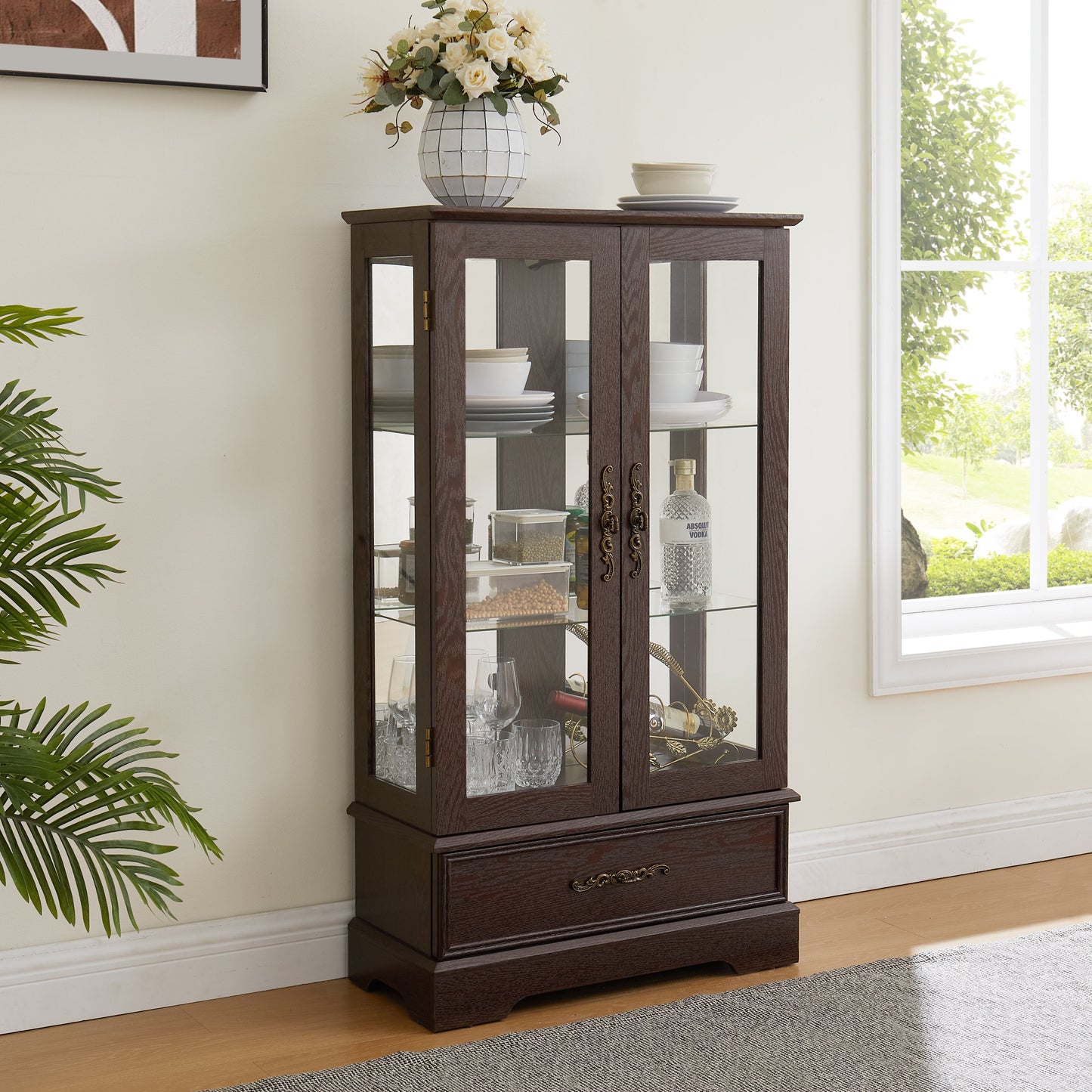 Light colored glass cabinet with adjustable glass frame Curio display cabinet, 2 doors and 1 drawer light bulb cherry color eprolo