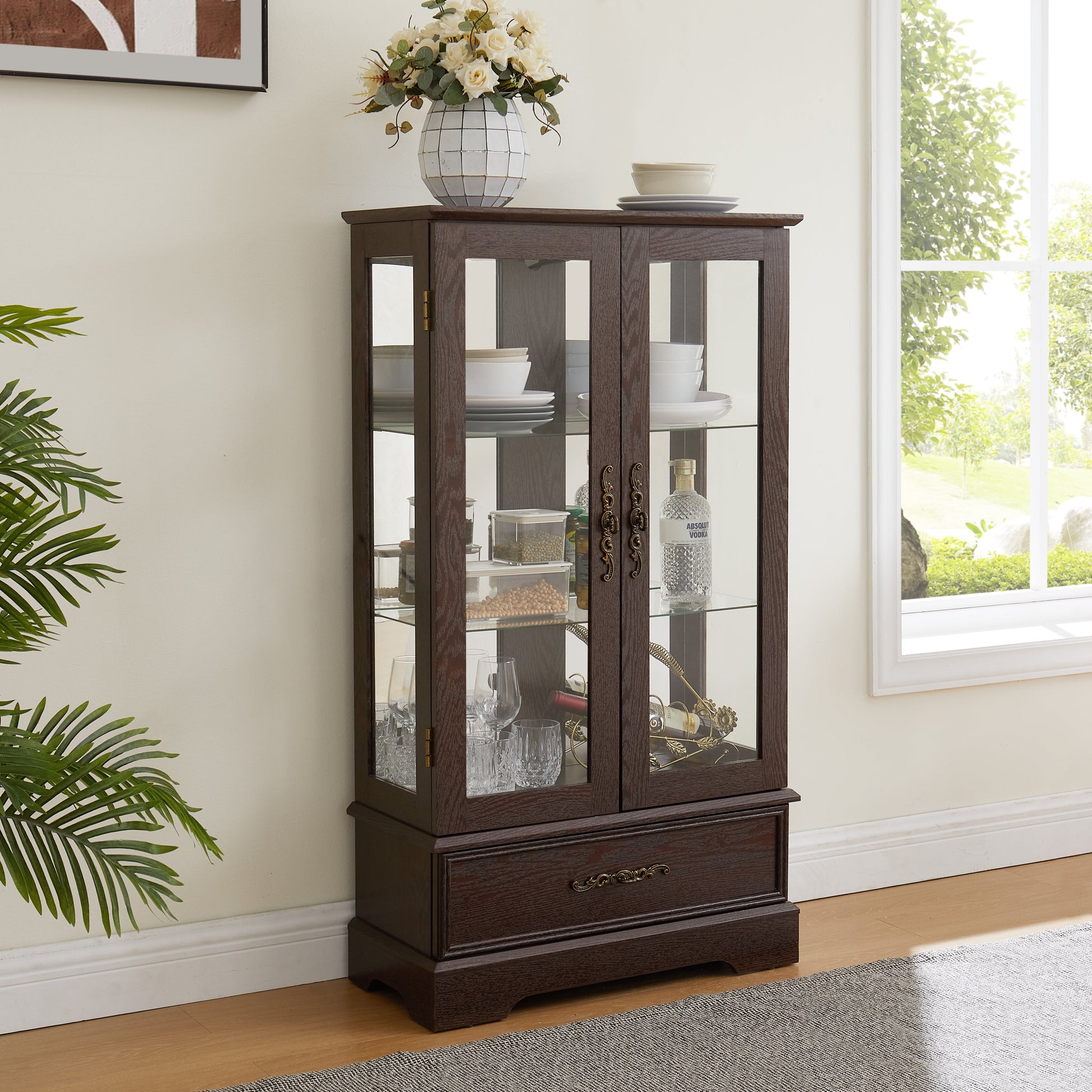 Light colored glass cabinet with adjustable glass frame Curio display cabinet, 2 doors and 1 drawer light bulb cherry color eprolo