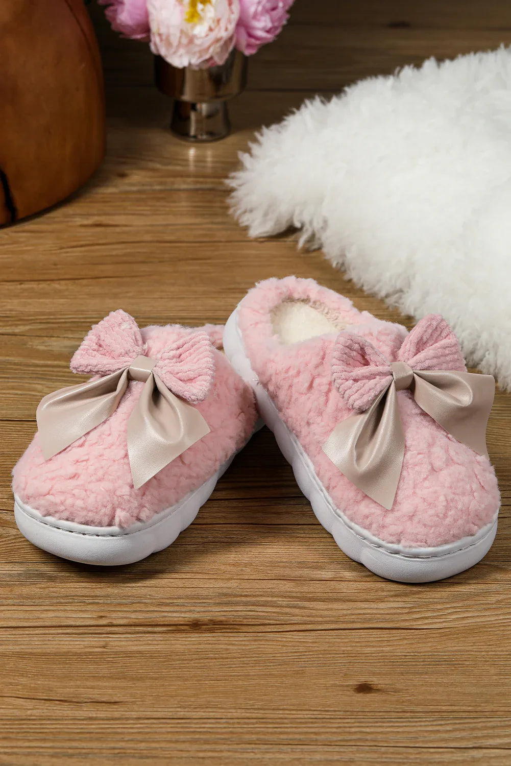White Contrast Bowknot Applique Plush Winter Slippers - Shello's Creative Boutique