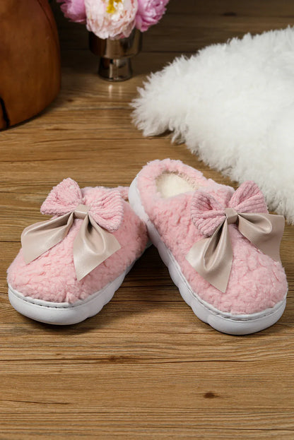 White Contrast Bowknot Applique Plush Winter Slippers - Shello's Creative Boutique