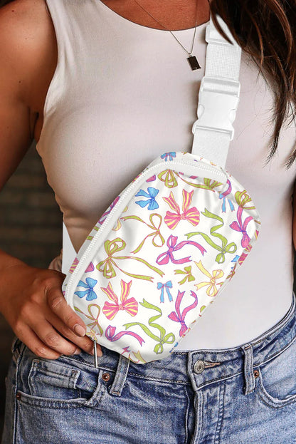 White Bow Print Zipper Wide Belt Crossbody Bag – Trendy Canvas Streetwear Accessory for Women - Shello's Creative Boutique