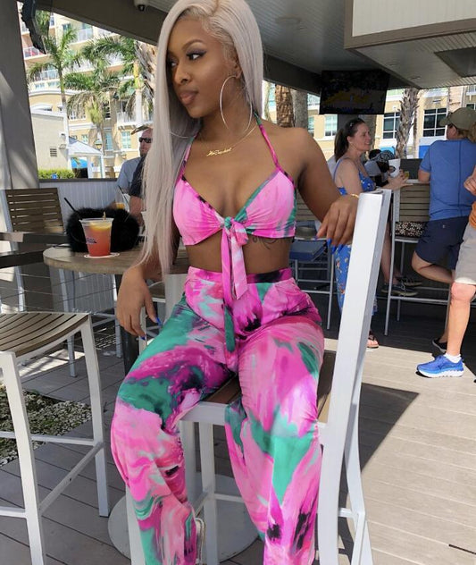 Sexy Beach Style 2 piece Women Set Print Halter Strapless Long Pant Bodycon Set - Shello's Creative Boutique