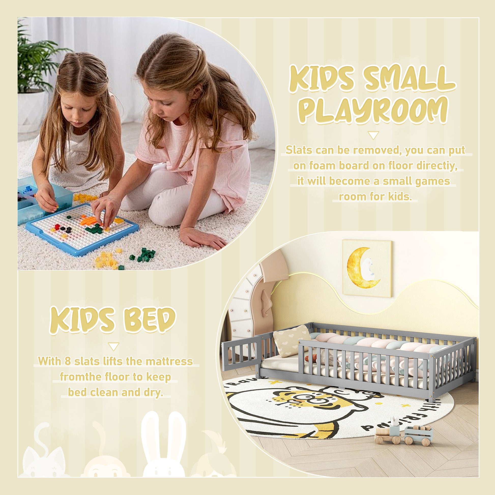 Twin Size Bed Floor Bed with Safety Guardrails and Door for Kids, Gray eprolo