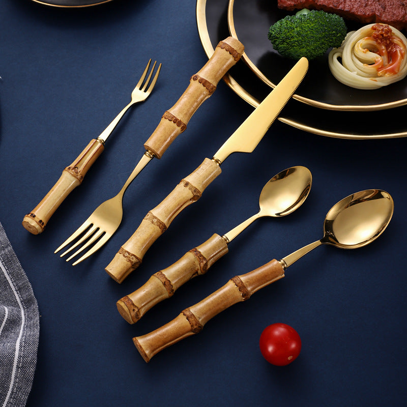 Natural Bamboo Handle Stainless Steel Tableware, Dessert Salad Spoon Fork, Bamboo Joint Handle, Western Food Steak Knife eprolo