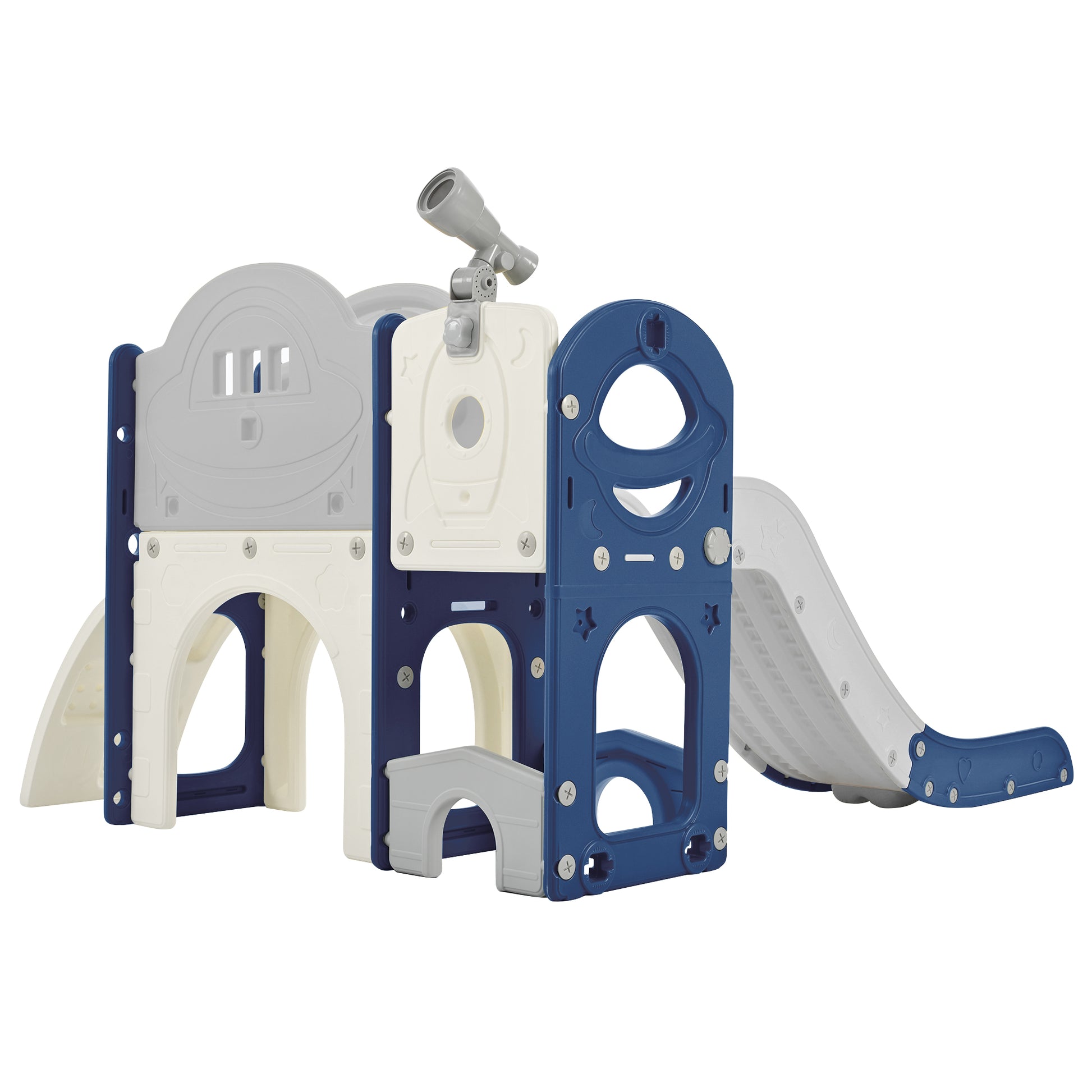 Kids Slide Playset Structure 7 in 1, Freestanding Spaceship Set with Slide, Arch Tunnel Blue+Grey + HDPE eprolo