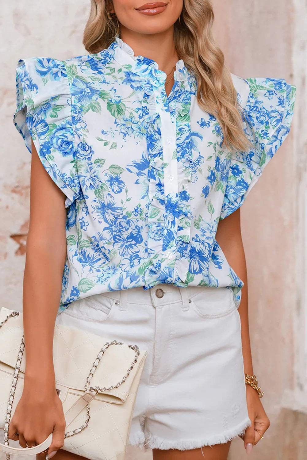 Green Floral Print Ruffle Sleeve Frill Shirt - Shello's Creative Boutique