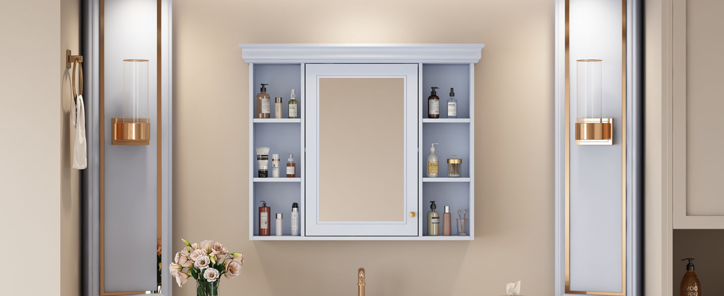 35'' x 28'' Blue Wall Mounted Bathroom Storage Cabinet with Mirror Door, Modern Bathroom Wall Cabinet with Mirror eprolo