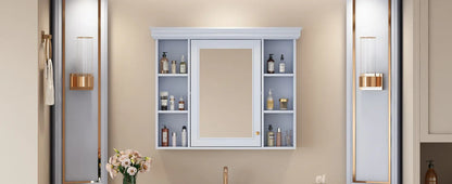 35'' x 28'' Blue Wall Mounted Bathroom Storage Cabinet with Mirror Door, Modern Bathroom Wall Cabinet with Mirror - Shello's Creative Boutique