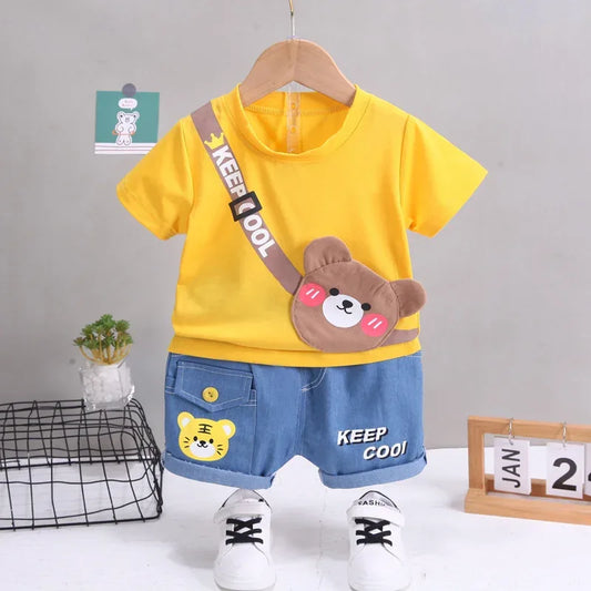Children's clothing children's short sleeved shorts set stylish baby summer clothing children's shoulder bag T-shirt cartoon set - Shello's Creative Boutique