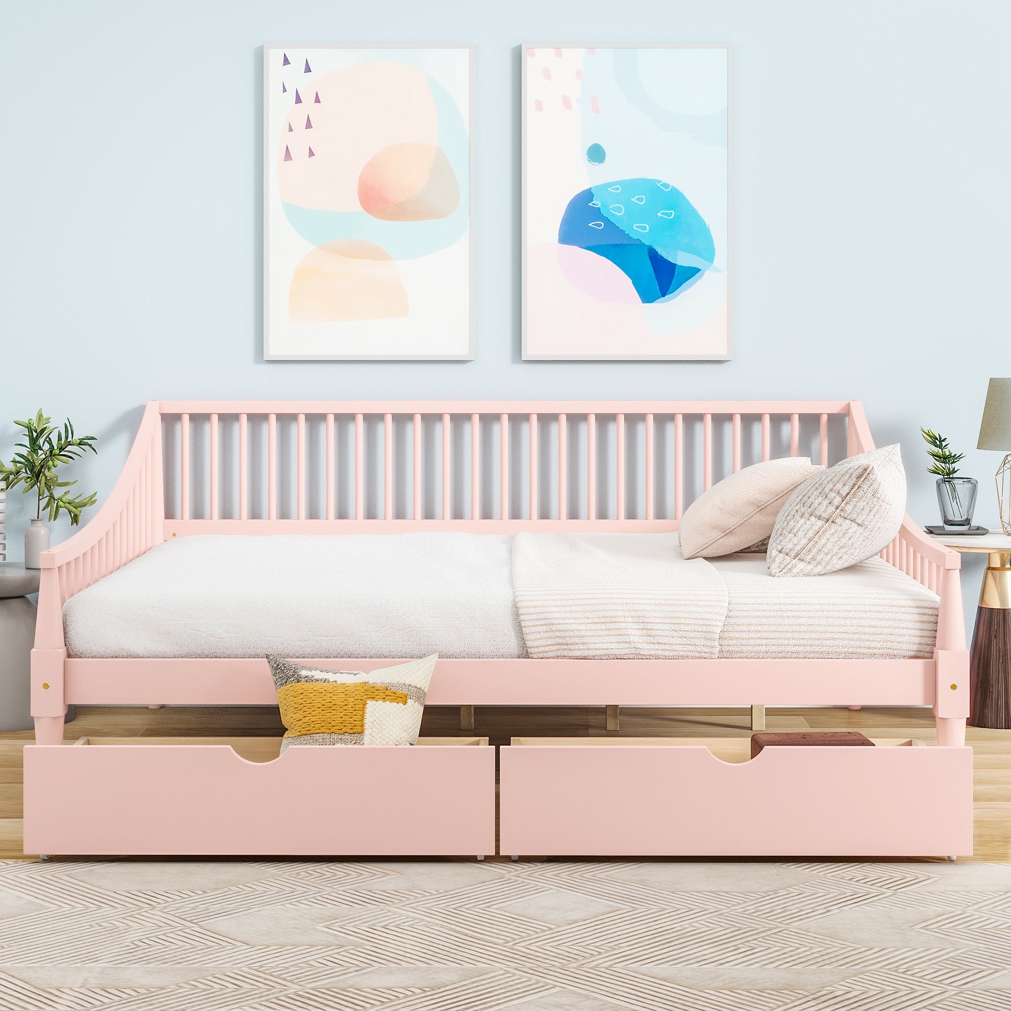 Full Size Daybed with Two Storage Drawers and Support Legs Pink Shello Creative Boutique