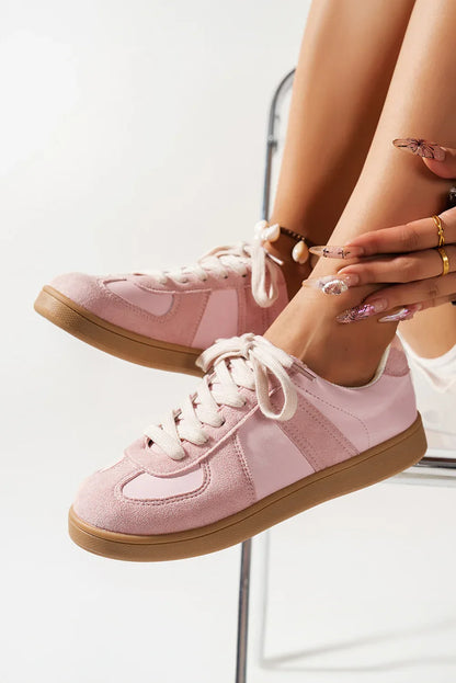 Pink Two-Tone Suede Sneakers - Patchwork Lace-Up Trainers - Shello's Creative Boutique