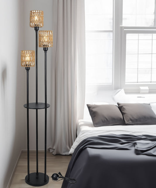 Boho Floor Lamp with Shelves 3-Lights Farmhouse Tall Floor Lamp with ON/OFF Foot Switch Rustic Standing Lamp with Rattan Shades eprolo