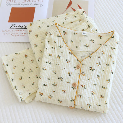 New crepe pajamas spring and summer pure cotton gauze home wear retro small flower long sleeved pants set cardigan style eprolo