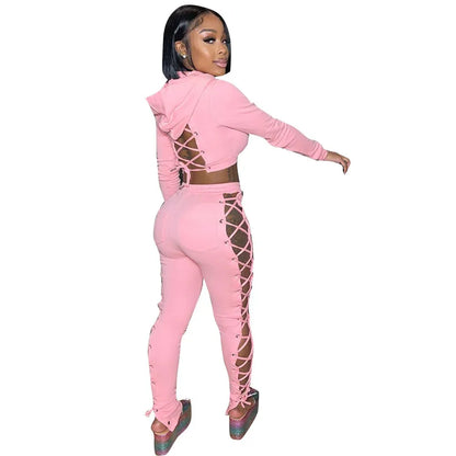 Autumn Women Tracksuit Two Piece Set Backless Hollow Out Bandage Solid Color Party Night Clubwear Sportsuit Clothes For Women - Shello's Creative Boutique