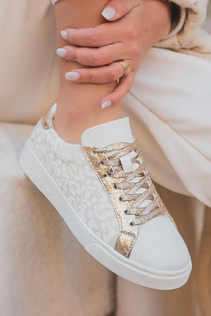 White Leopard Print Sneakers - Lace-Up Animal Print Trainers - Shello's Creative Boutique