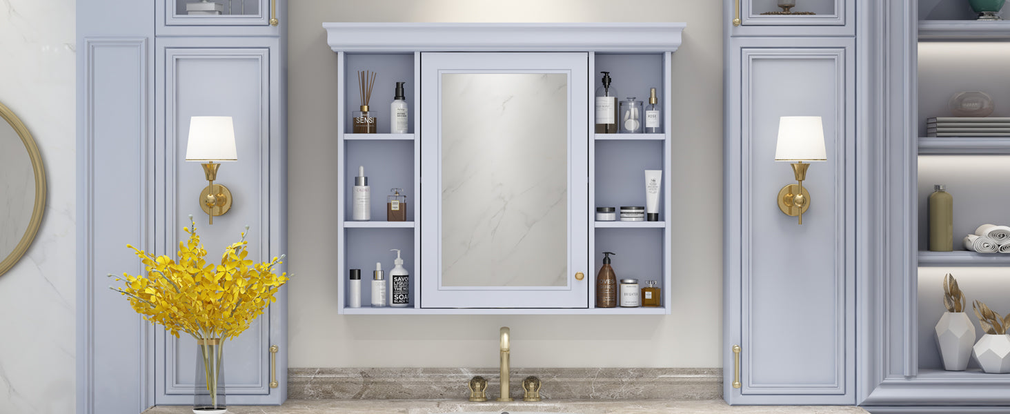 35'' x 28'' Blue Wall Mounted Bathroom Storage Cabinet with Mirror Door, Modern Bathroom Wall Cabinet with Mirror eprolo