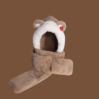Winter Bear Hat Scarf Gloves One Body Autumn and Winter Lovely Strawberry Warm Keeping Women's Three Piece Scarf Thick Winter eprolo