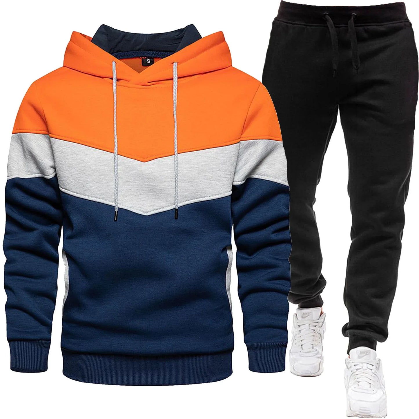 Men's three color hoodie sports suit, fashionable and casual, spring and autumn splicing hooded top, long pants two-piece set - Shello's Creative Boutique